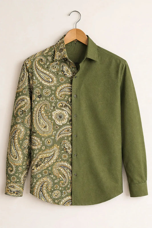 Azotop Premium Dual Tone Olive Green Paisley Print Full Sleeve Cotton Blend Casual Shirt for Men | Regular Fit Designer Button Down Party Wear Fashion Shirt | Luxury Modern Statement Shirt