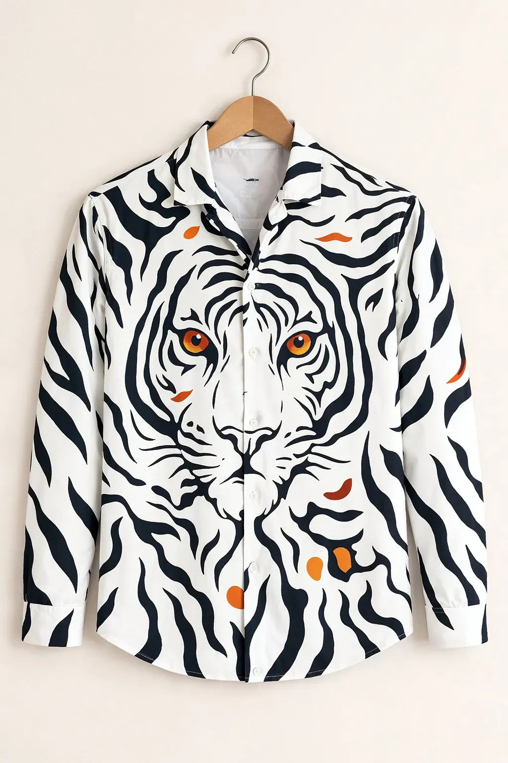 Azotop Premium White Tiger Face Graphic Print Full Sleeve Cotton Blend Casual Shirt for Men | Luxury Animal Print Regular Fit Designer Button Down Party Wear Fashion Shirt