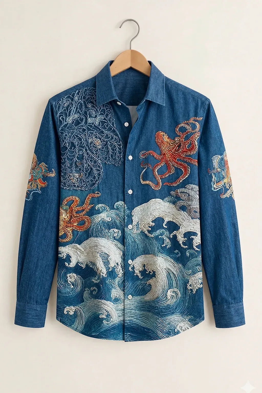 Azotop Premium Ocean Wave & Octopus Graphic Print Full Sleeve Cotton Blend Casual Shirt for Men | Japanese Art Inspired Regular Fit Designer Party Wear Button Down Fashion Shirt