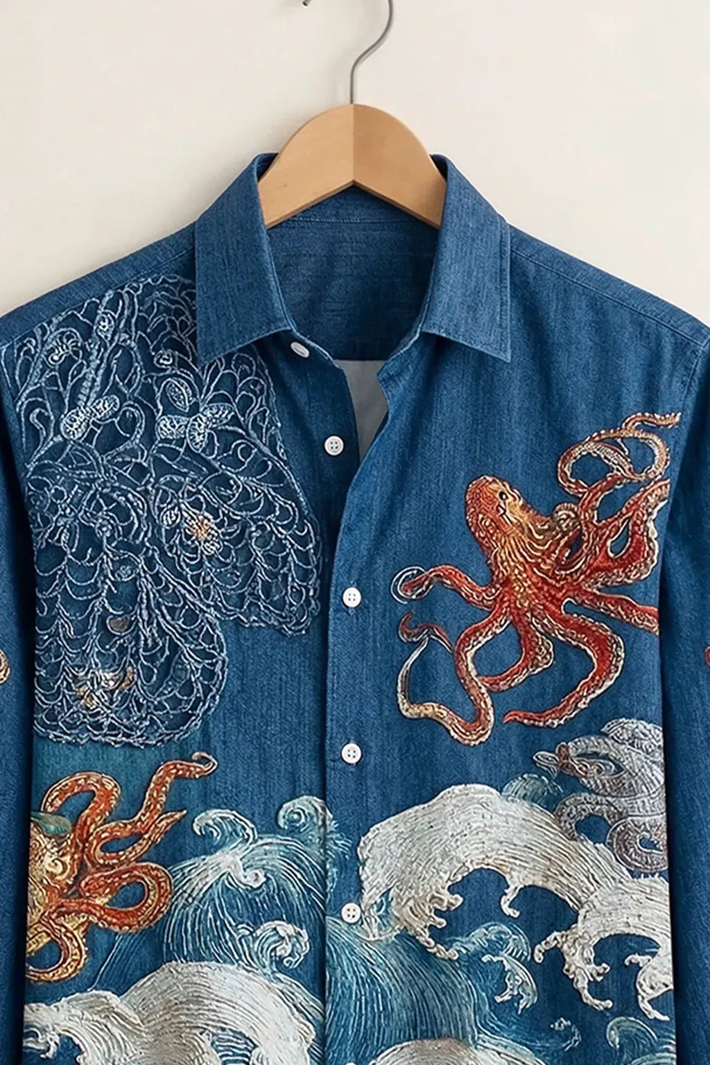 Azotop Premium Ocean Wave & Octopus Graphic Print Full Sleeve Cotton Blend Casual Shirt for Men | Japanese Art Inspired Regular Fit Designer Party Wear Button Down Fashion Shirt